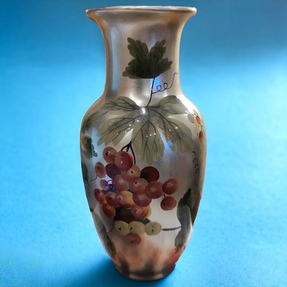 Andrea by Sadek 1970s Handpainted Ceramic Silver Vase Grapes and Leaves (b) - Picture 7 of 11